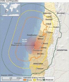 ２月27日の地震の影響を受けた地域。